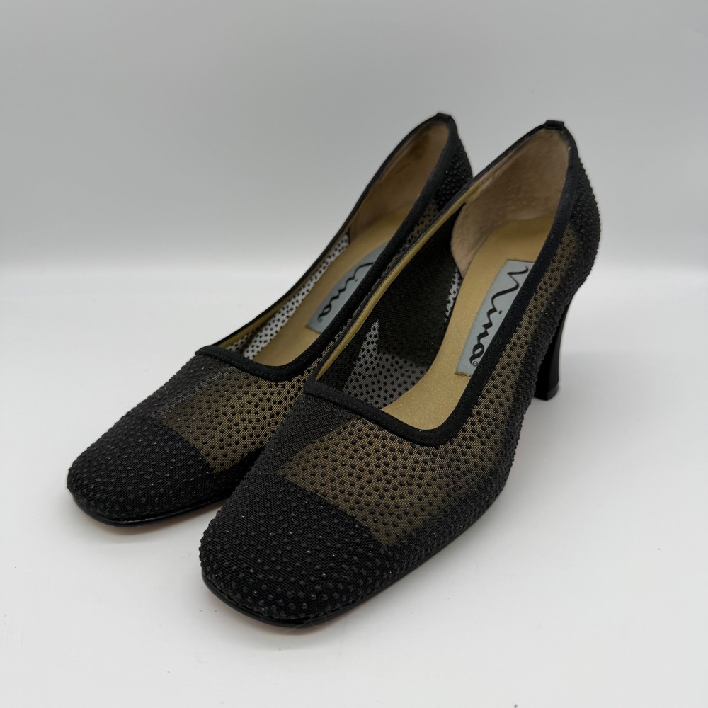 Nina Womens Sheer Mesh Beaded Block Heel Pumps Black Square Toe 6M